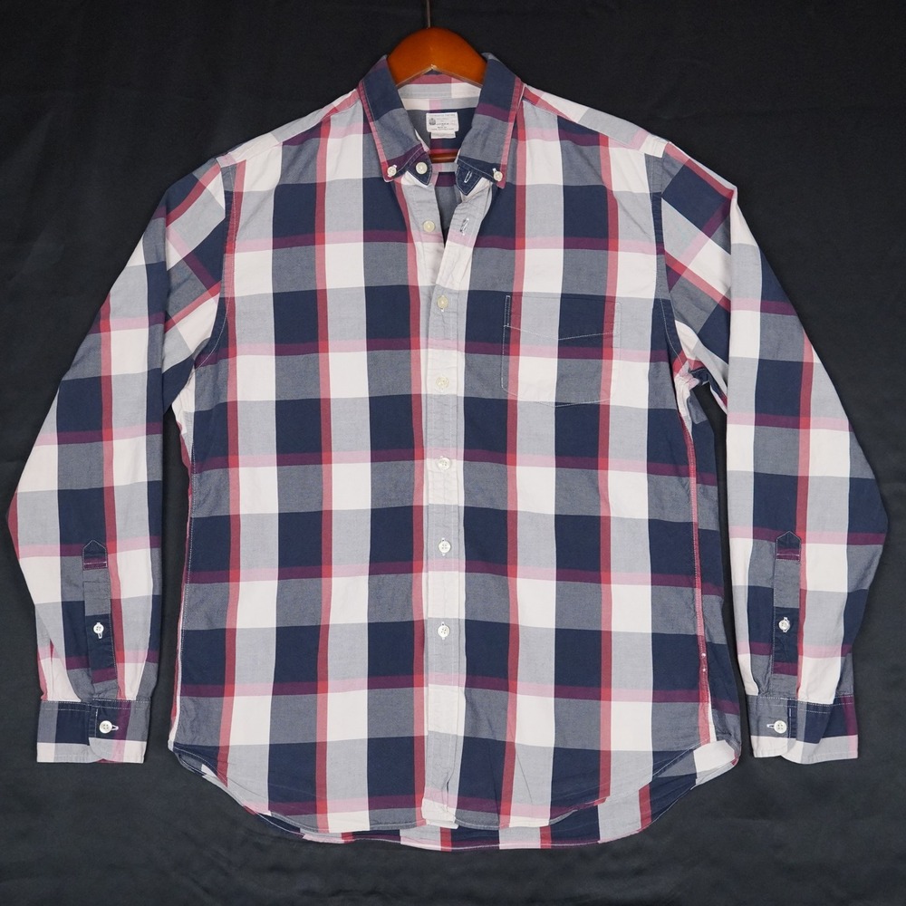 J Crew Sunwashed Oxford Shirt Mens L Navy Red Plaid Vintage Cotton Tailored Fit